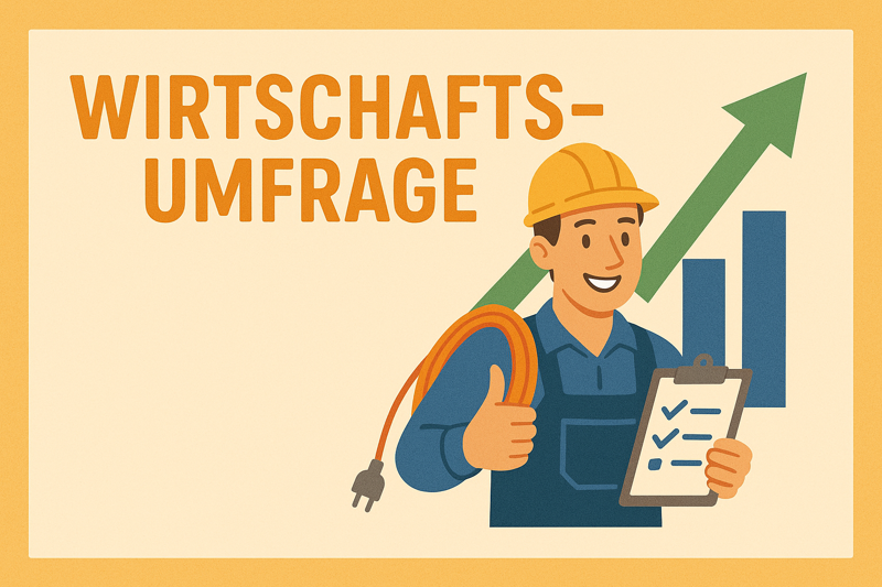 Ein Handwerker mit Helm hält ein Klemmbrett und ein Stromkabel, während im Hintergrund Balkendiagramme und ein Aufwärtspfeil die wirtschaftliche Entwicklung symbolisieren.